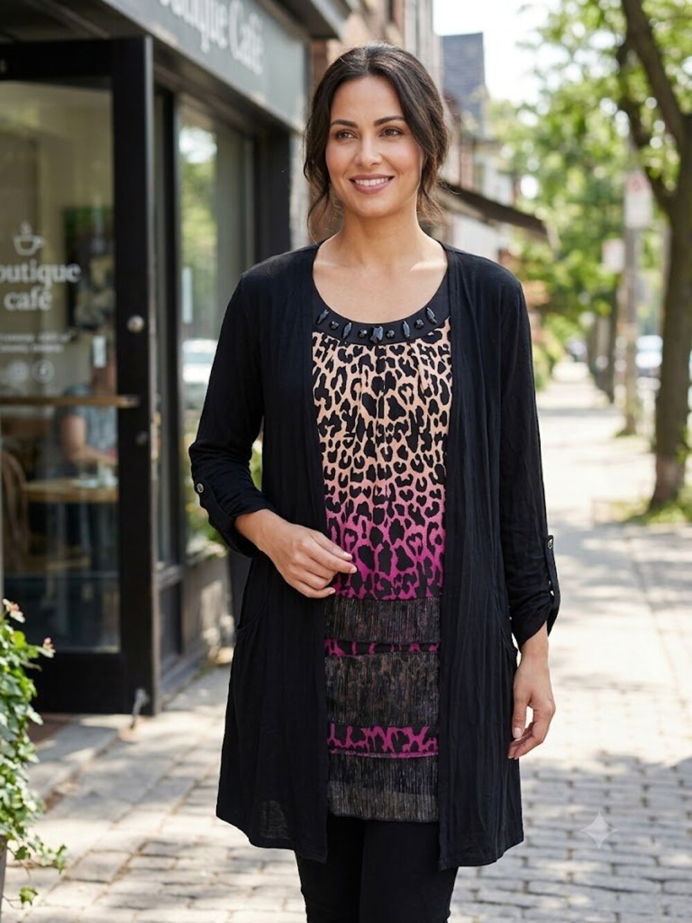 Classic Fashion 2-in-1 Leopard Pink Ombre Tunic Cardigan Size L Beaded